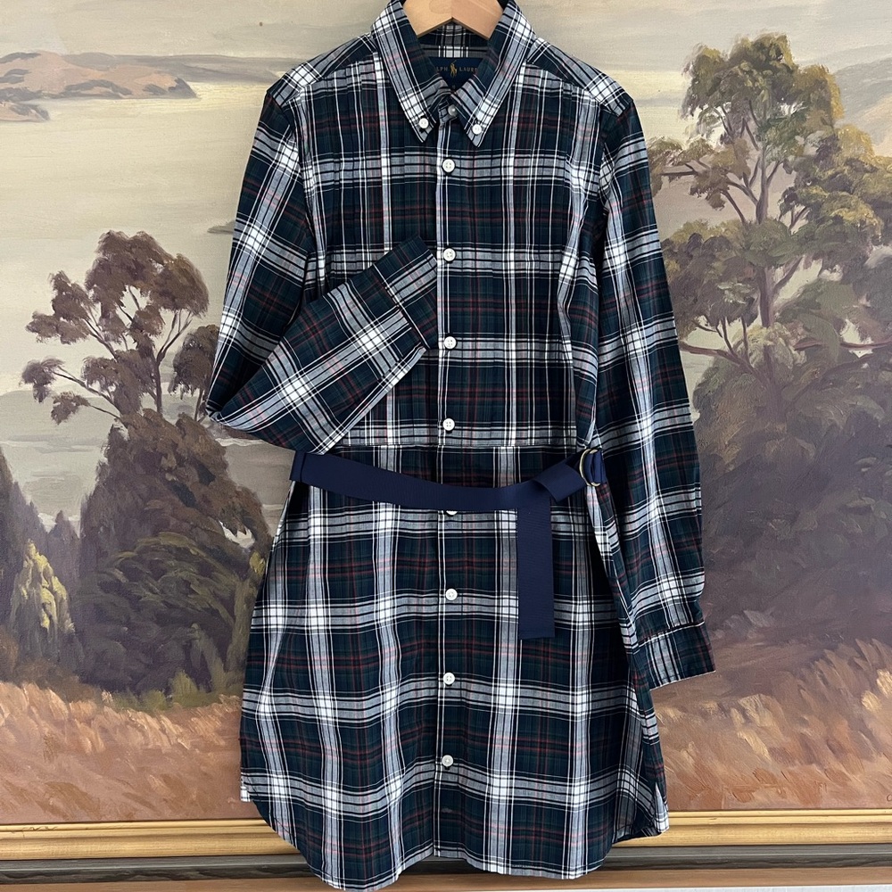 RALPH LAUREN Classic Green, Red, Navy & White Button Down ShirtDress Size 10